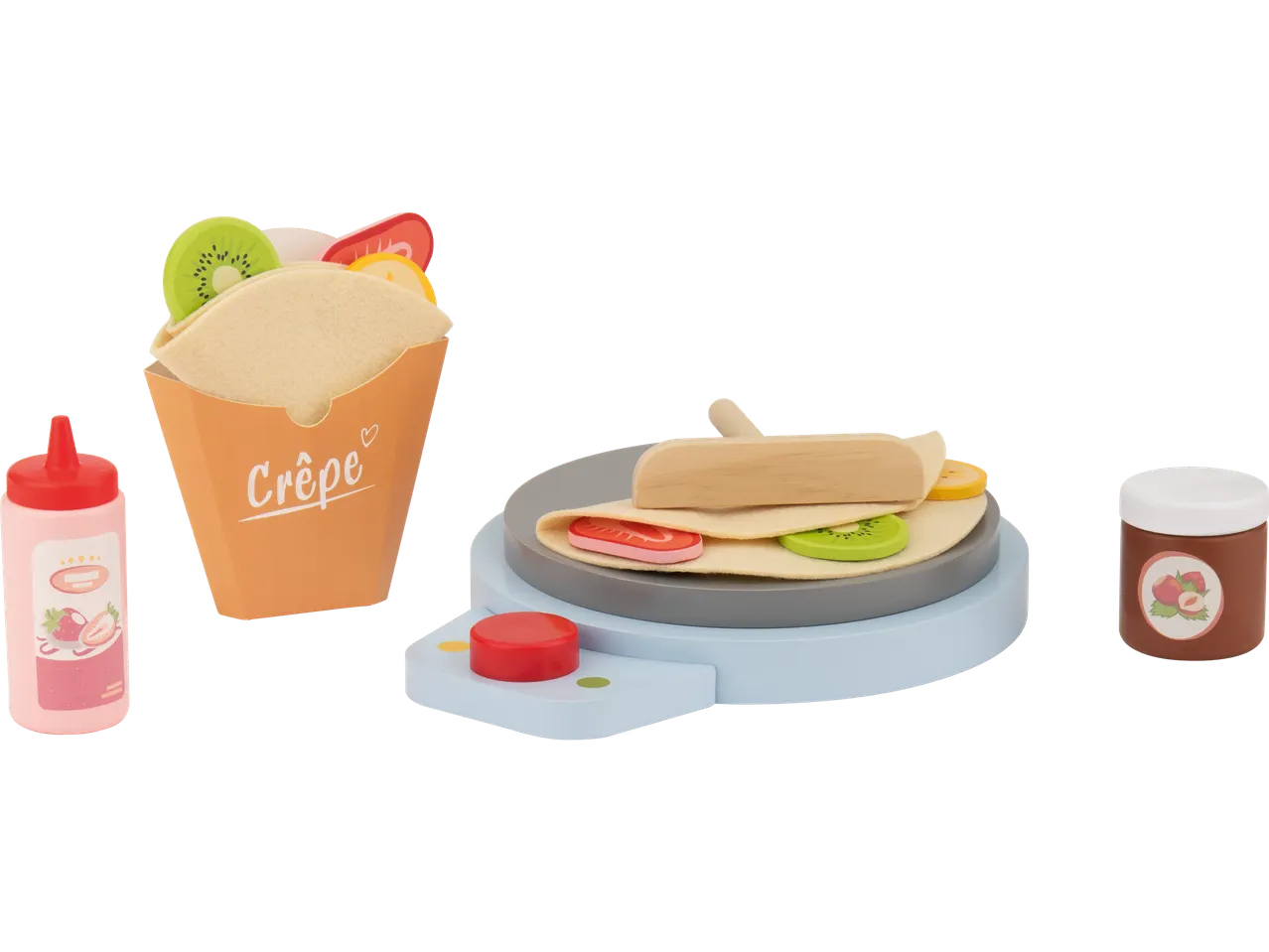 Žaislų rinkinys su blynų keptuve, blynu popieriniame puodelyje, braškių padažu ir šokoladiniu kremu.