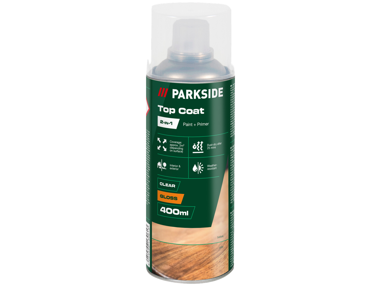 Virsējā slāņa aerosola krāsa ar grunti, caurspīdīgs spīdums, 400 ml, iekšdarbiem un ārdarbiem.