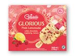 En pakke med lyserøde limonadeis med hvid chokolade, hindbær og citron.