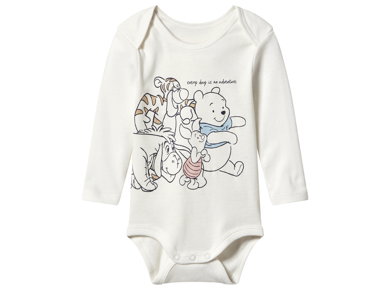 Бебешко боди с дълъг ръкав с щампа на Мечо Пух, Тигър, Йори и Прасчо и надпис „every day is an adventure“.