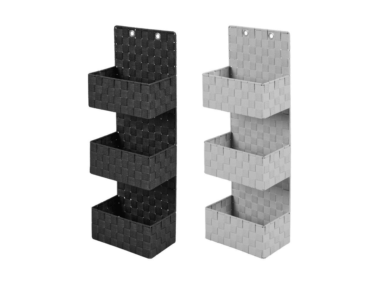 Deux organiseurs de rangement suspendus tressés, un noir et un gris clair, avec trois compartiments chacun.