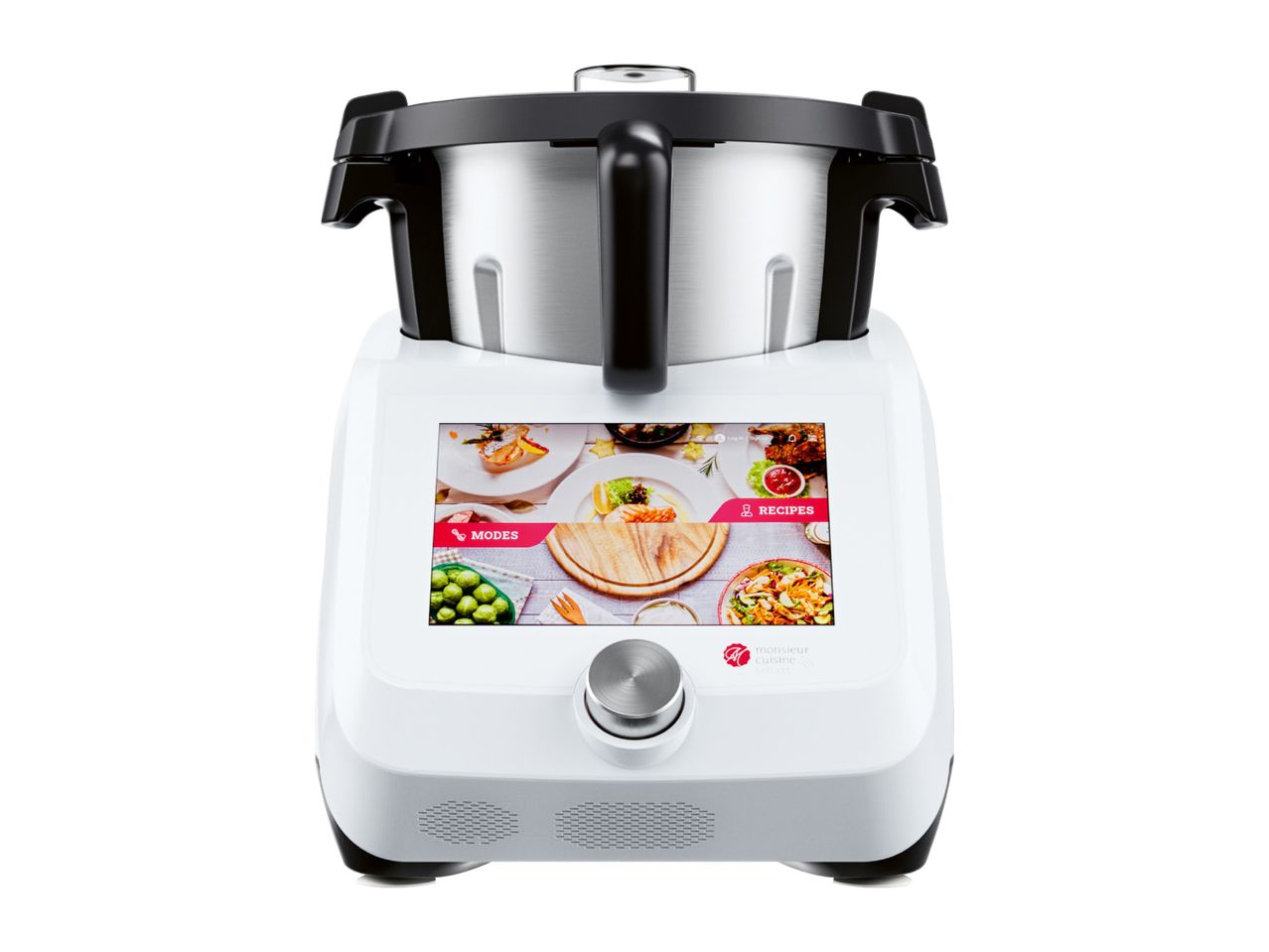 Monsieur Cuisine Smart food processor with a large display showing various recipes.