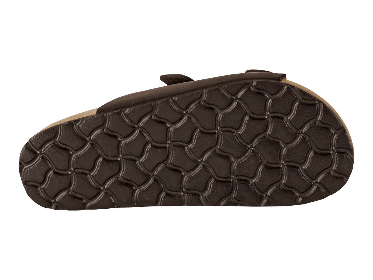 Bottom view of a dark brown sandal with a textured sole.