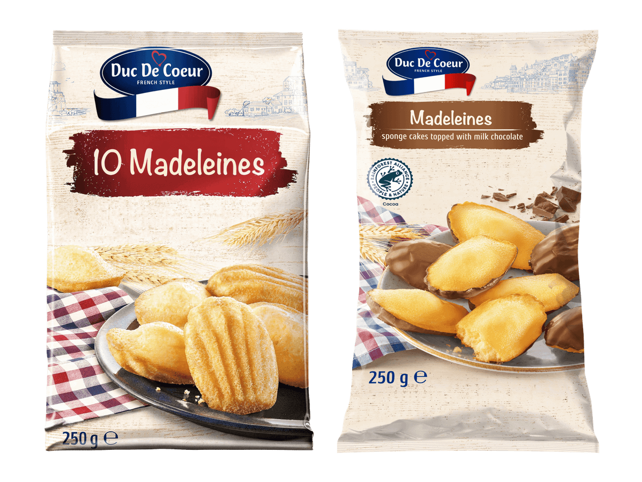 Kaksi pussia ranskalaisia madeleine-leivoksia, joista toisessa on maitosuklaakuorrute.