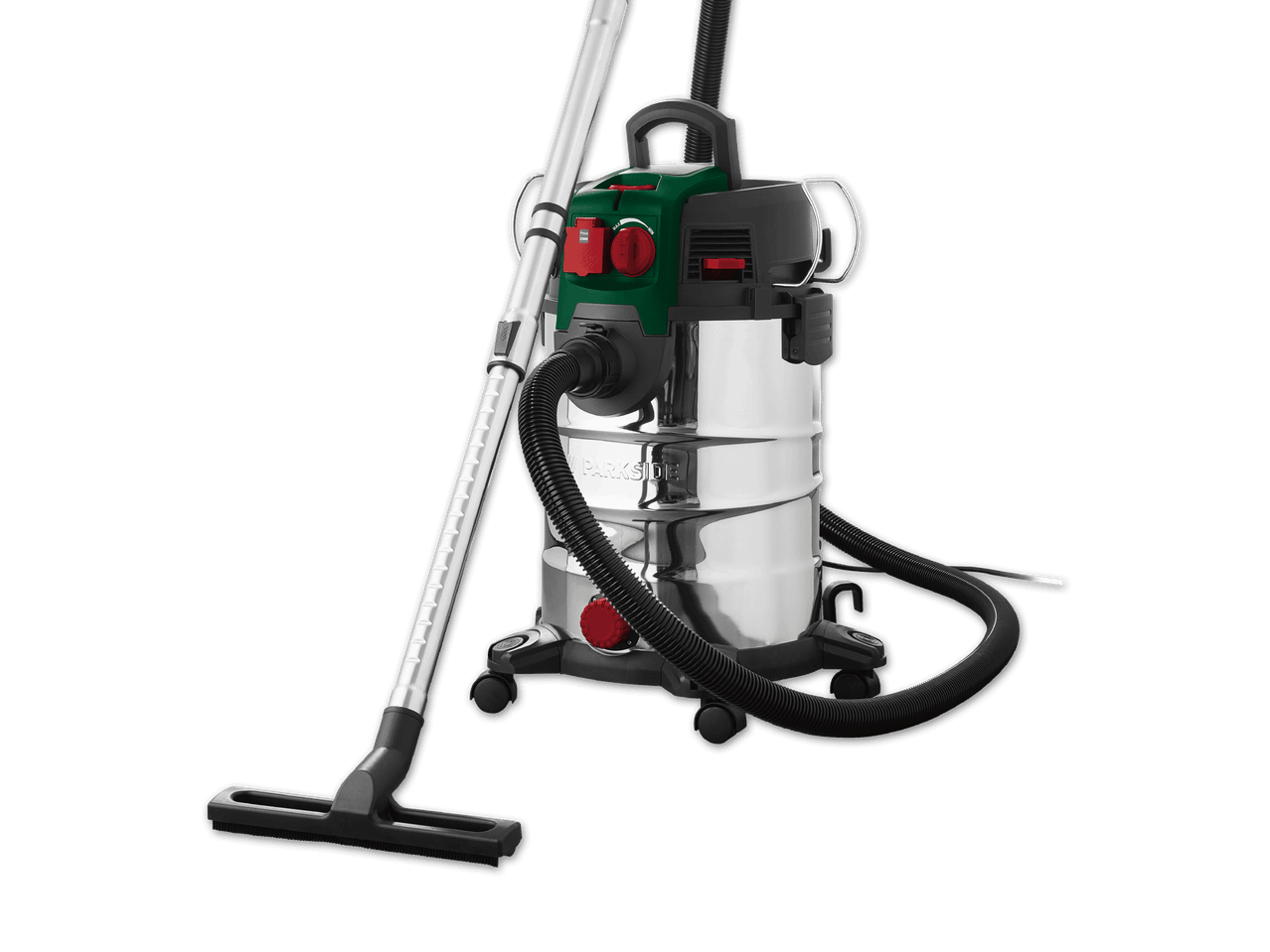 Ein Bosch Industriestaubsauger mit Schlauch und Bodendüse.