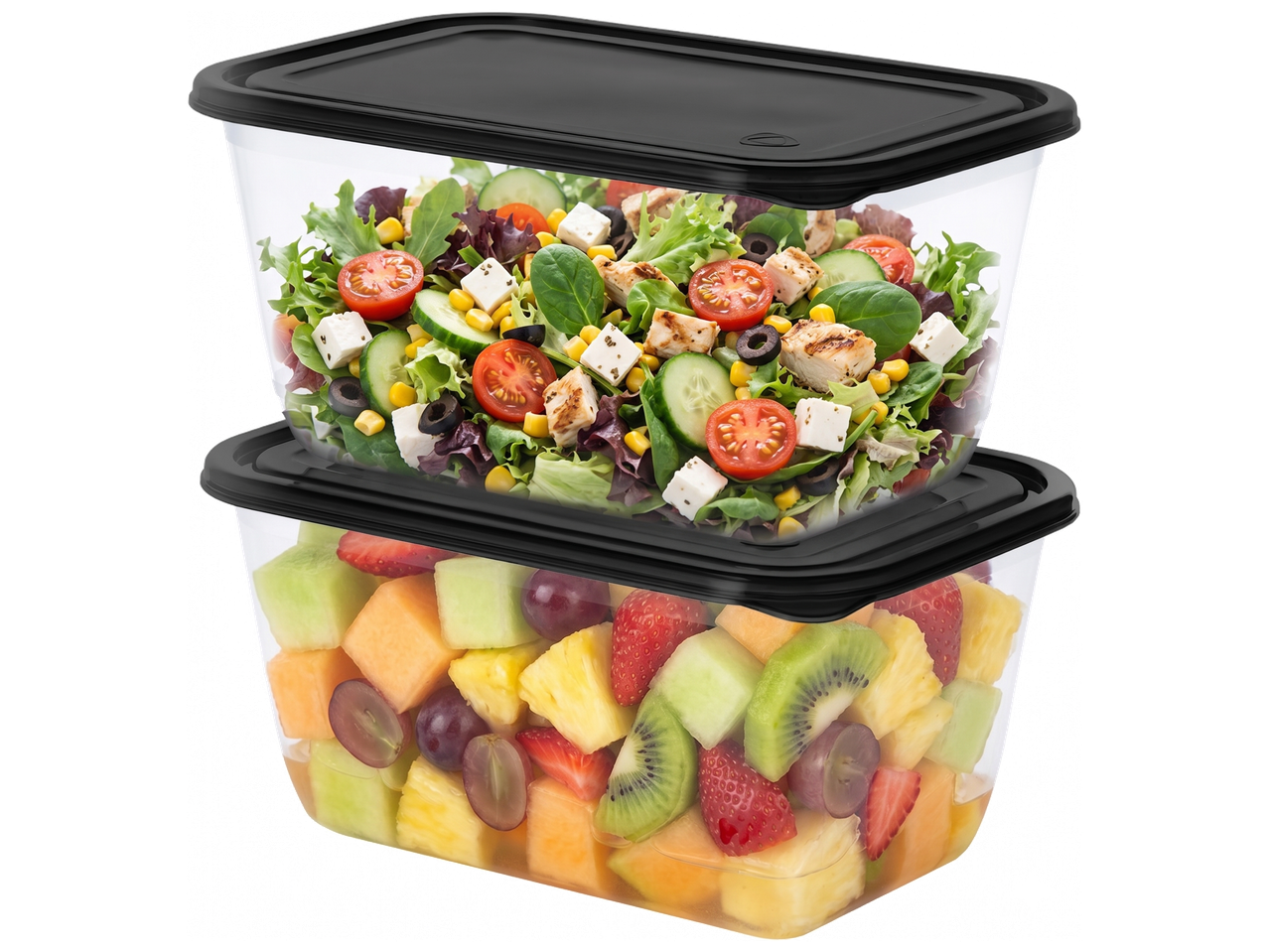 Deux récipients empilés avec des couvercles noirs, l'un rempli de salade et l'autre de salade de fruits.