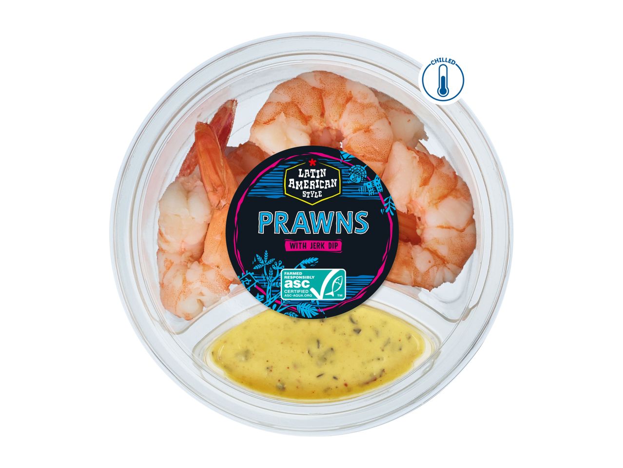 Cooked prawns with aioli sauce in a plastic container.