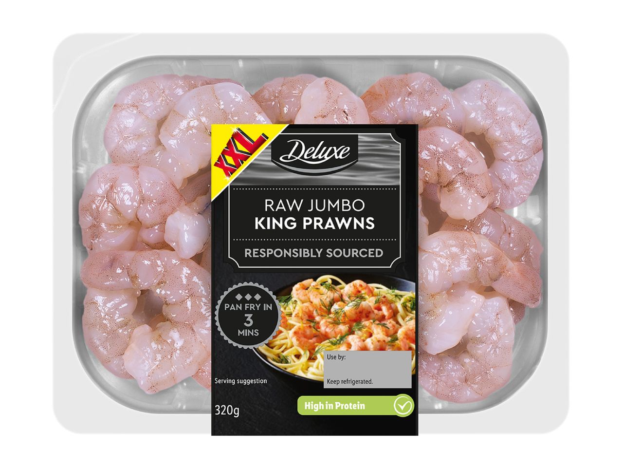 A tray of raw jumbo king prawns with a label indicating they are responsibly sourced and high in protein.