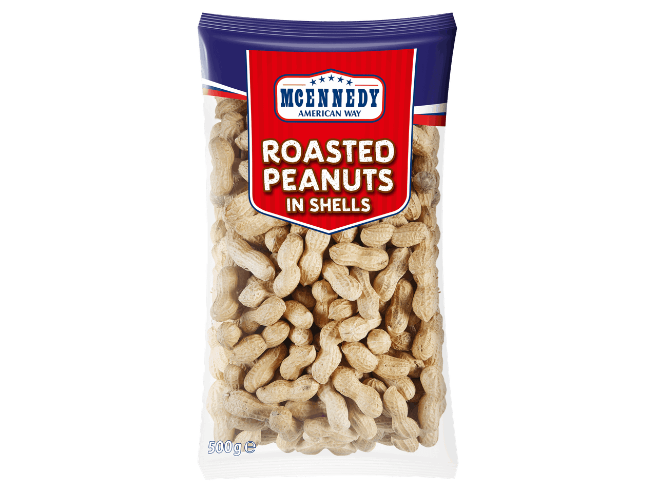 500 g-os pörkölt, héjas földimogyoró kék-piros csomagolásban.