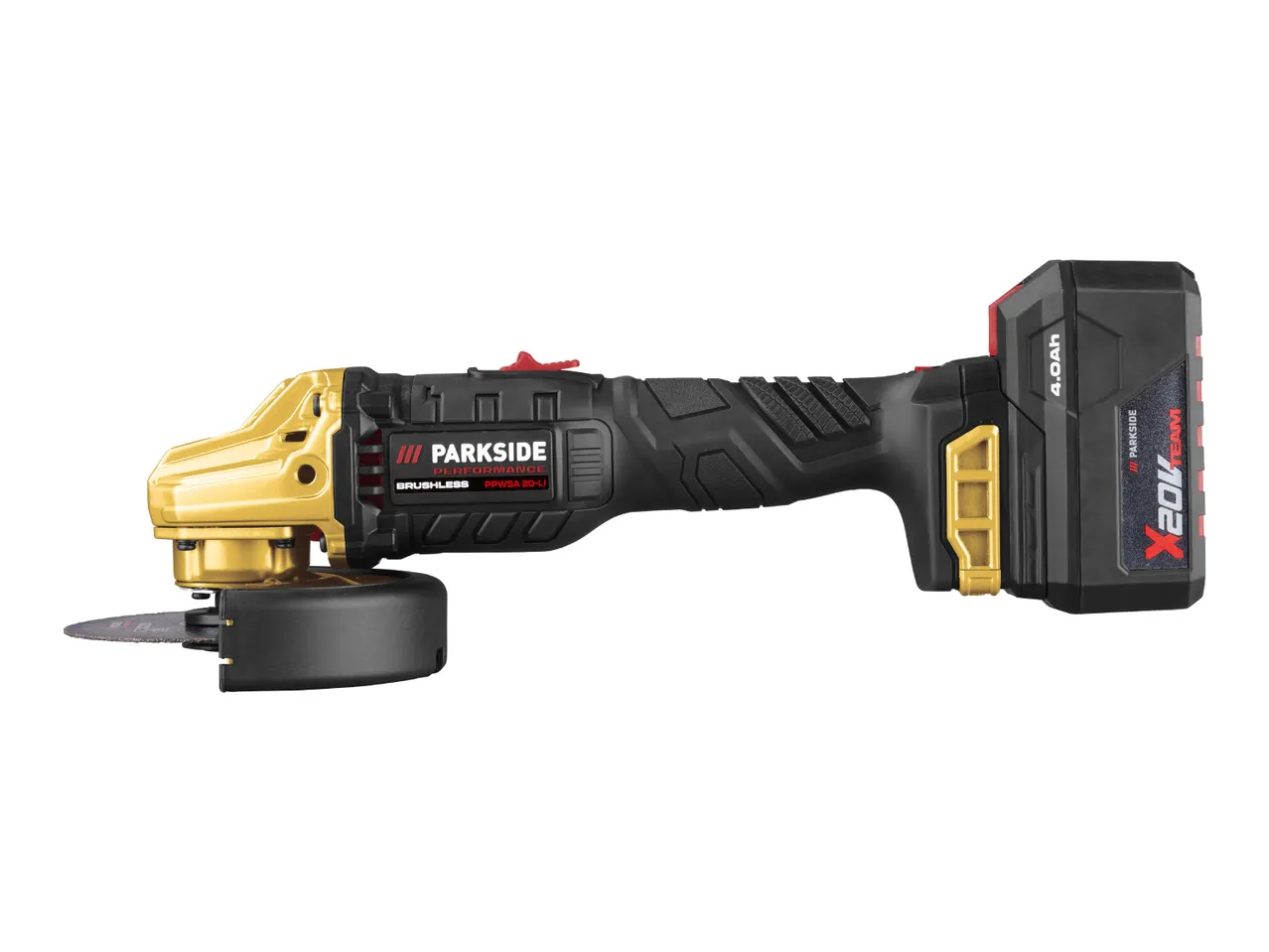 Cordless angle grinder with a 4.0Ah battery, featuring a gold-colored head and black body.