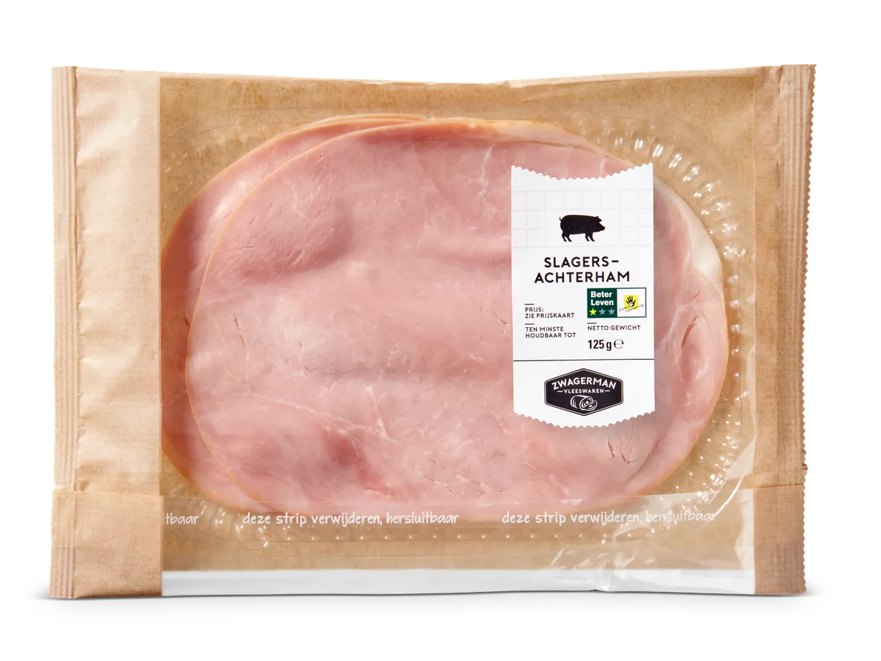 Zwagernan Slagers-Achterham: 125g plakken ham in papieren verpakking.