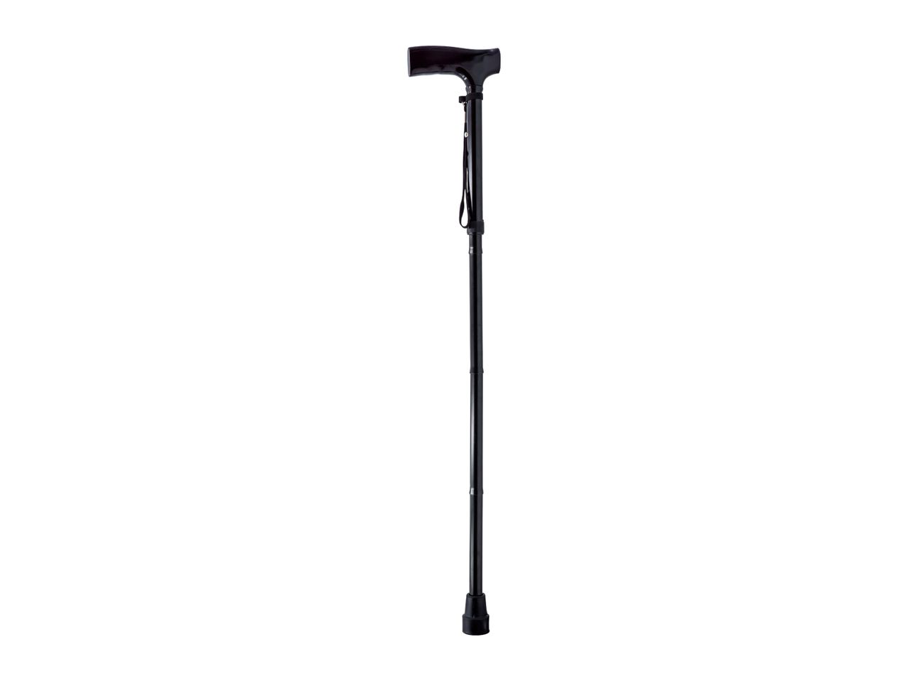 Black adjustable walking stick with a dark brown handle and a wrist strap.