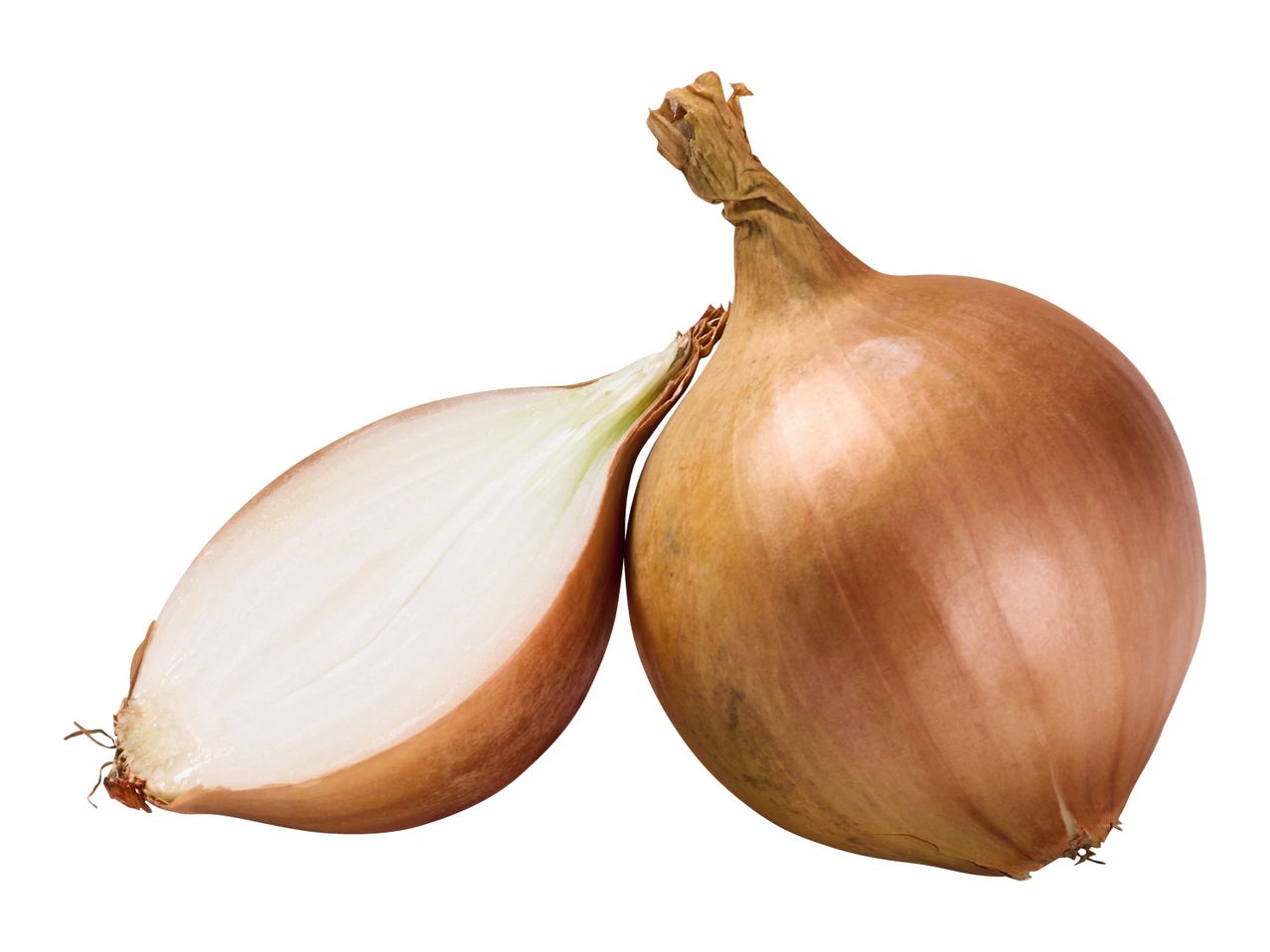 One whole brown onion and one half-cut brown onion, showing the white interior.