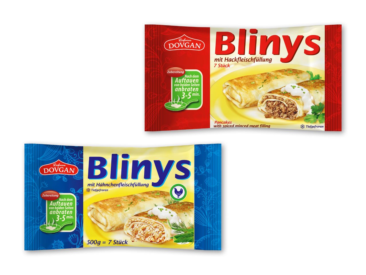 To pakker Dovgan Blinys, en med hakket kød og en med kyllingekød, begge frosne.