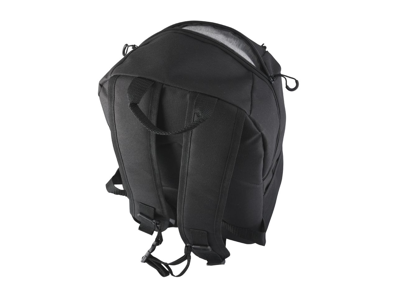 Black backpack with adjustable shoulder straps and a partially open main compartment