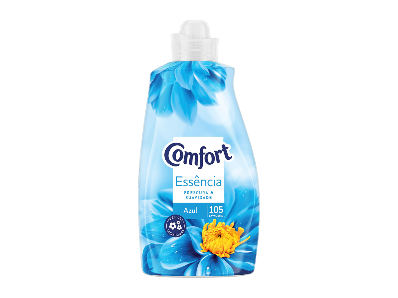 Amaciador de roupa azul com flores, com a indicação 'Frescura & Suavidade' e '105 lavagens'.