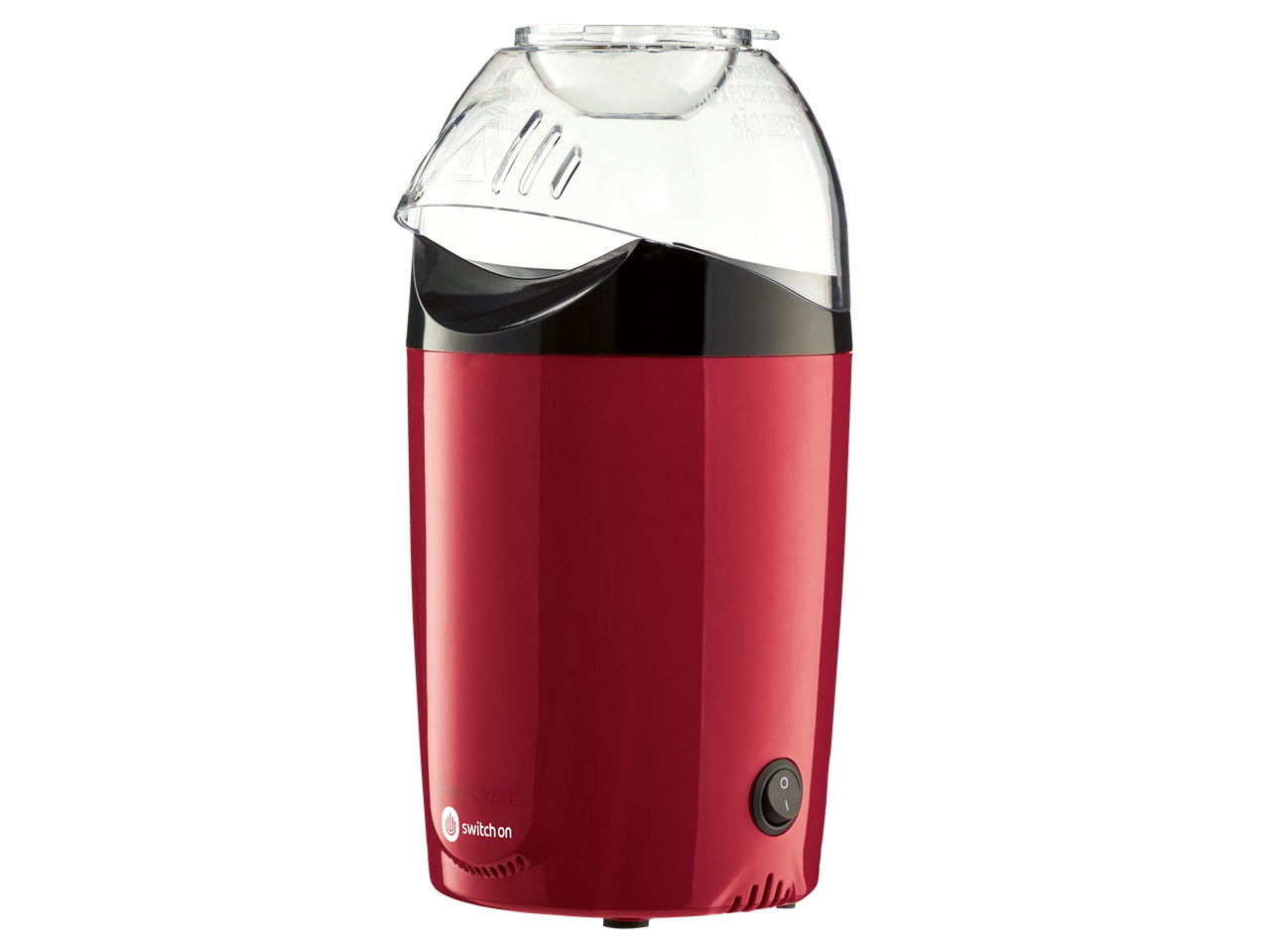 Crvena Silvercrest® mašina za kokice sa providnim poklopcem i prekidačem.