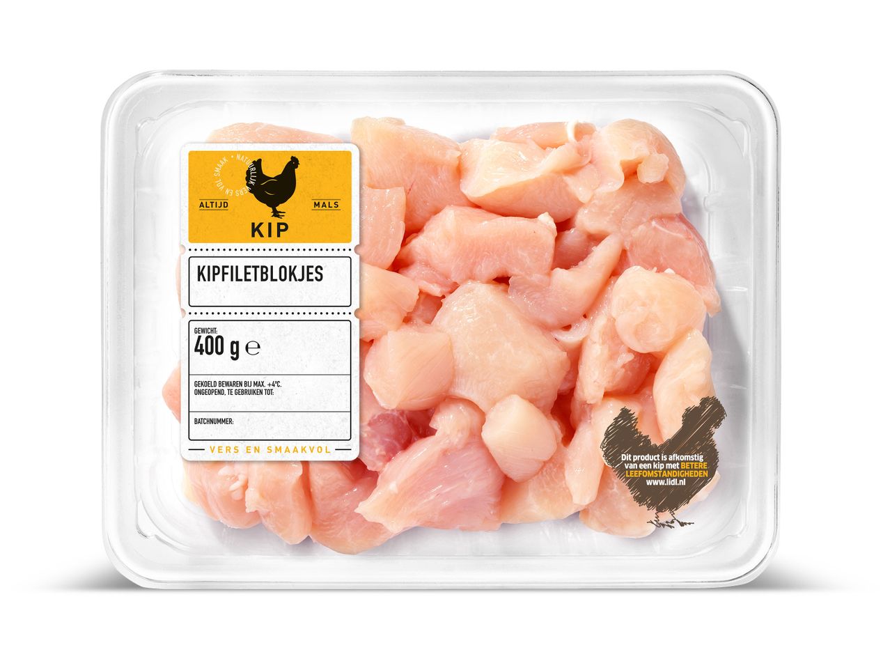 400g kipfiletblokjes in een schaal.