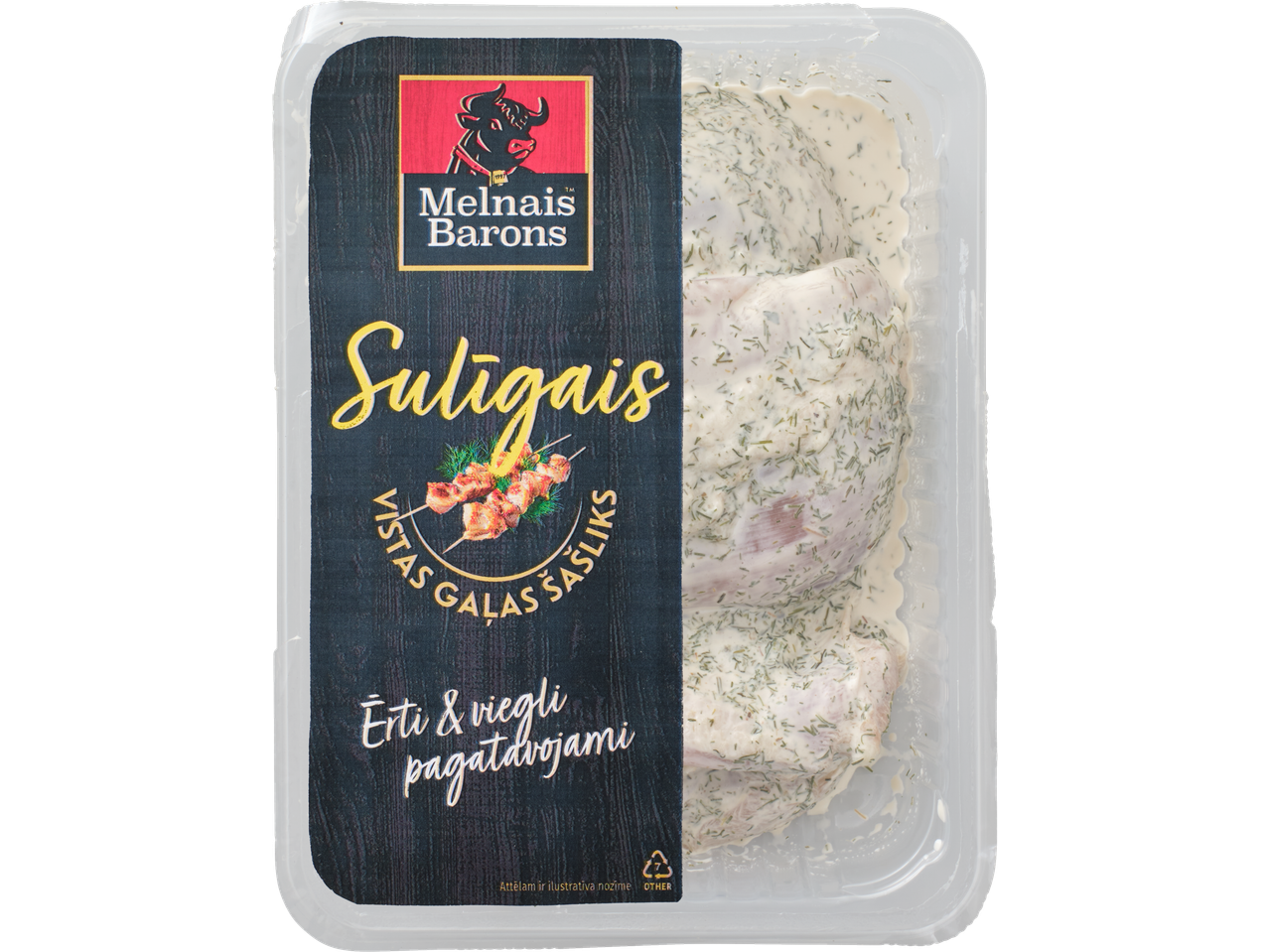 Melnais Barons Sulīgais kanaliha šašlõkk, marineeritud jogurtikastmes tilliga, läbipaistvas pakendis.