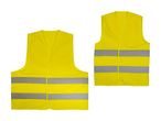 To gule sikkerhedsveste med reflekterende striber, set forfra og bagfra.