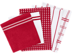 W5 Kitchen Hand Towel & Tea Towel Set with red and white striped and checkered patterns.