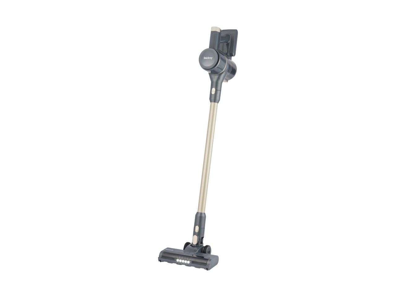 A cordless stick vacuum cleaner stands upright on a white background.