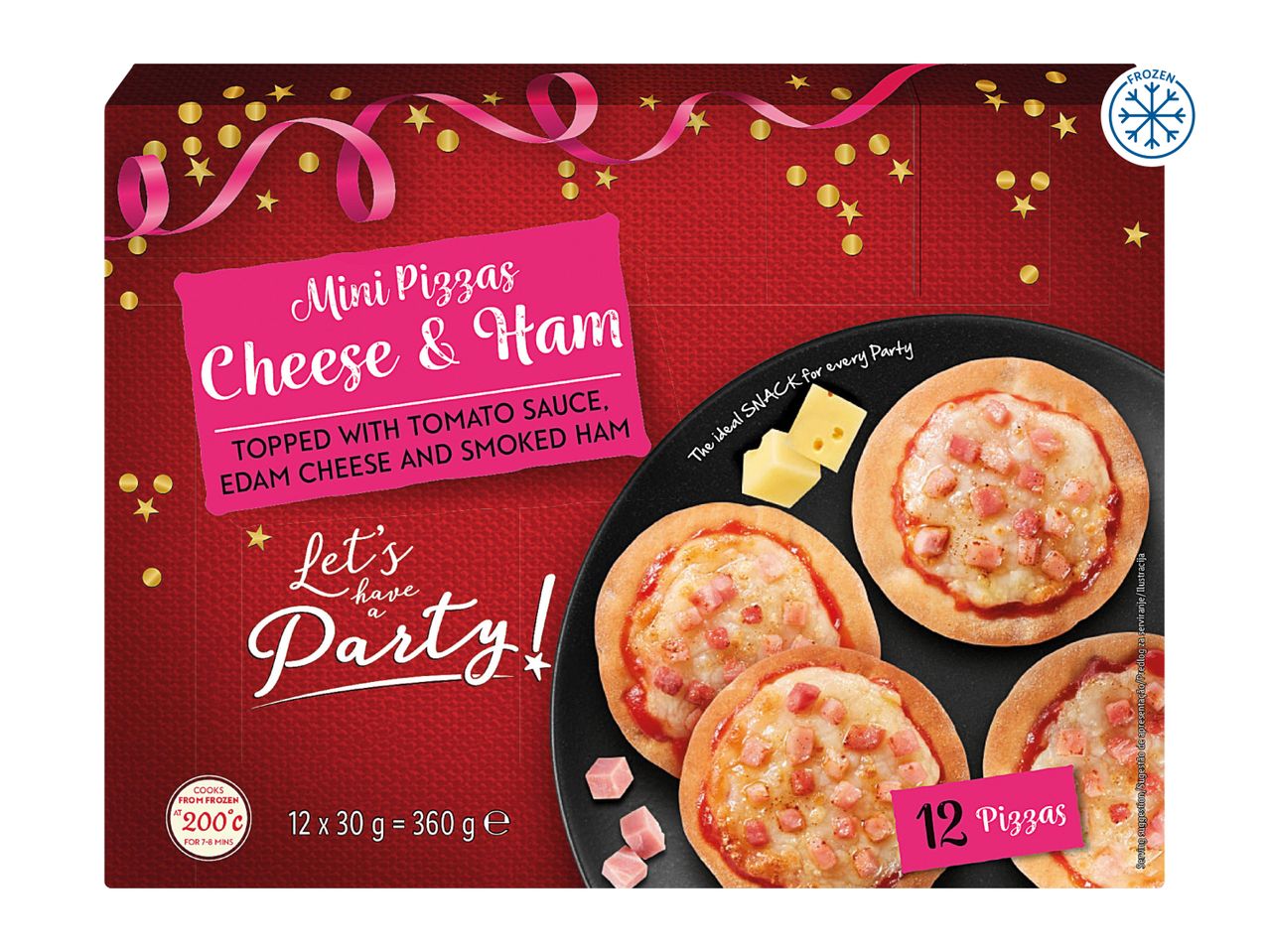 Mini Pizzas Cheese & Ham, 12 frozen mini pizzas for parties.