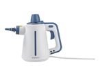 A white and blue handheld steam cleaner.