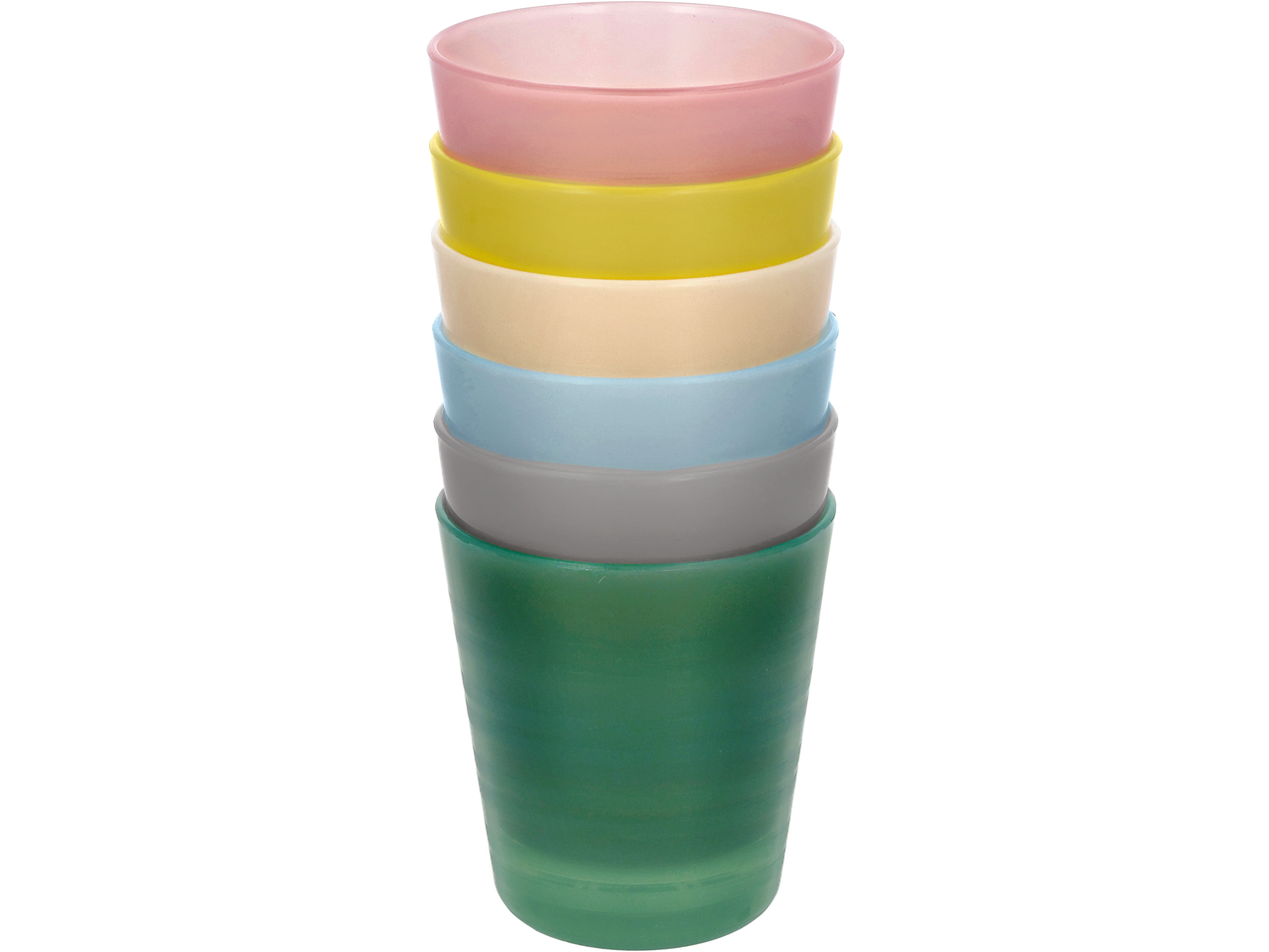 Stack of colorful plastic cups in pink, yellow, beige, blue, grey, and green.