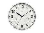 A white wall clock with black numbers, temperature, and humidity gauges.