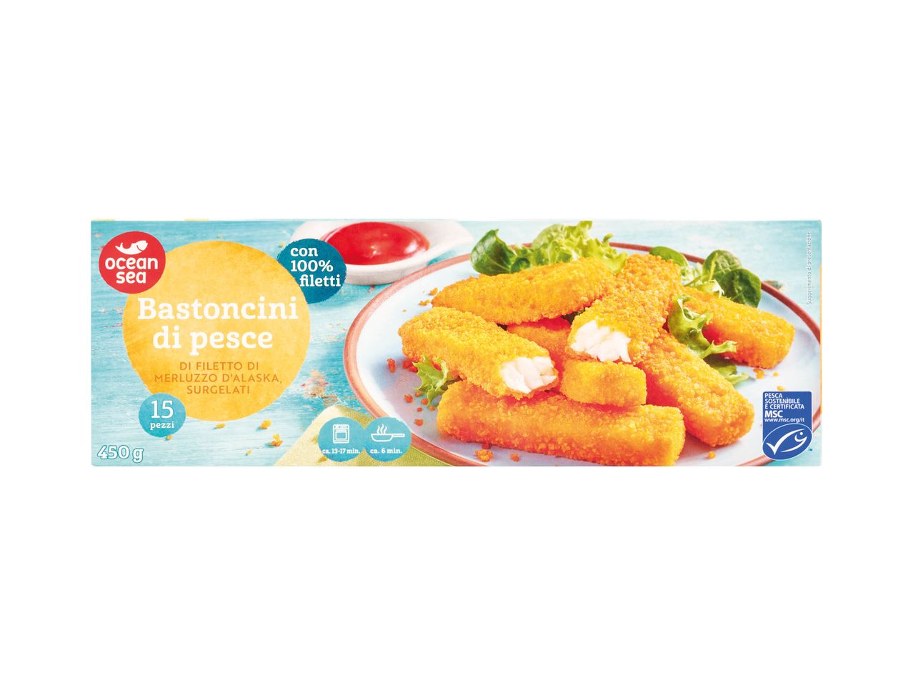 Bastoncini di pesce surgelati, pronti per essere cucinati.