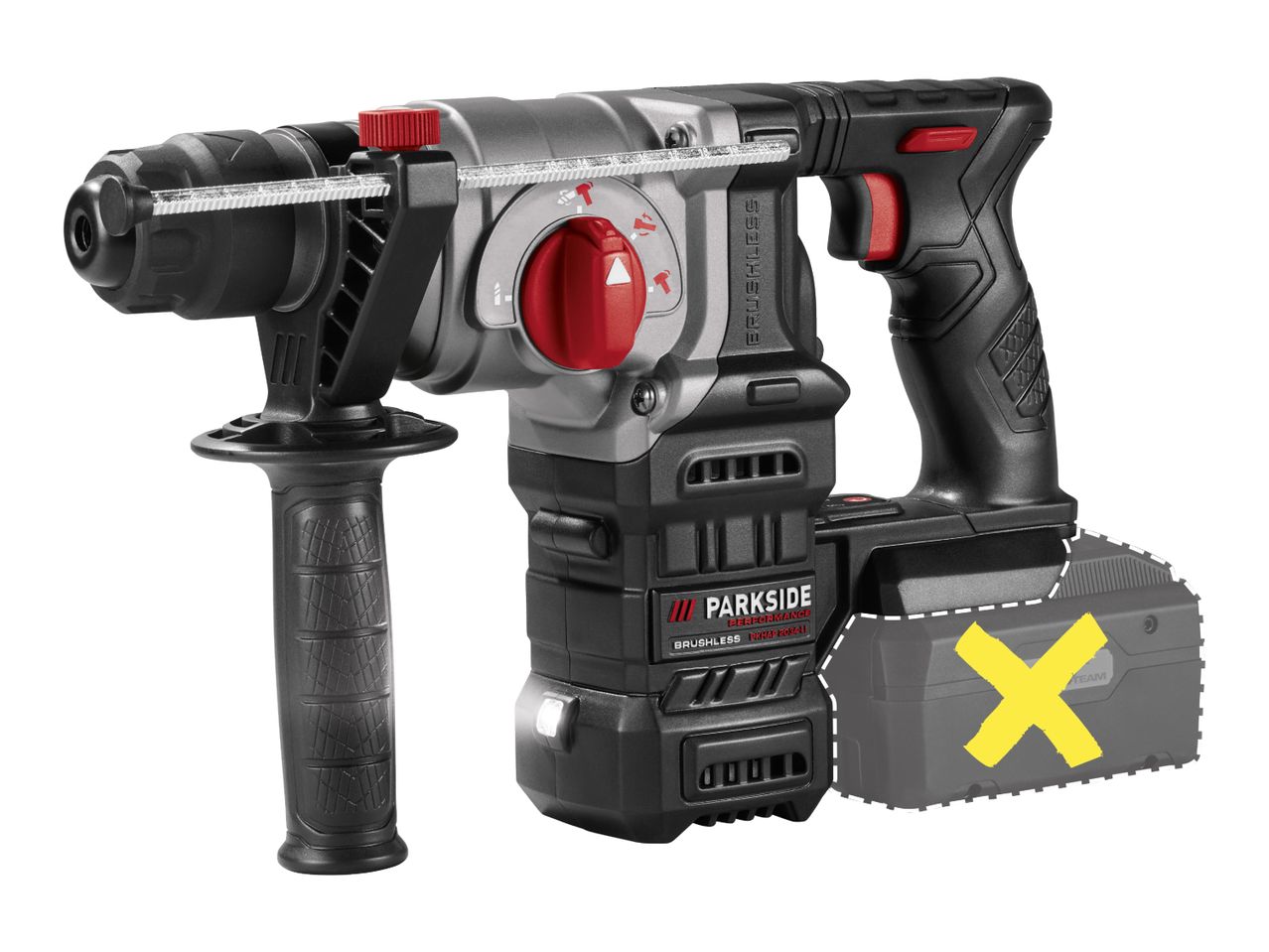Cordless rotary hammer drill with an auxiliary handle and a depth stop.
