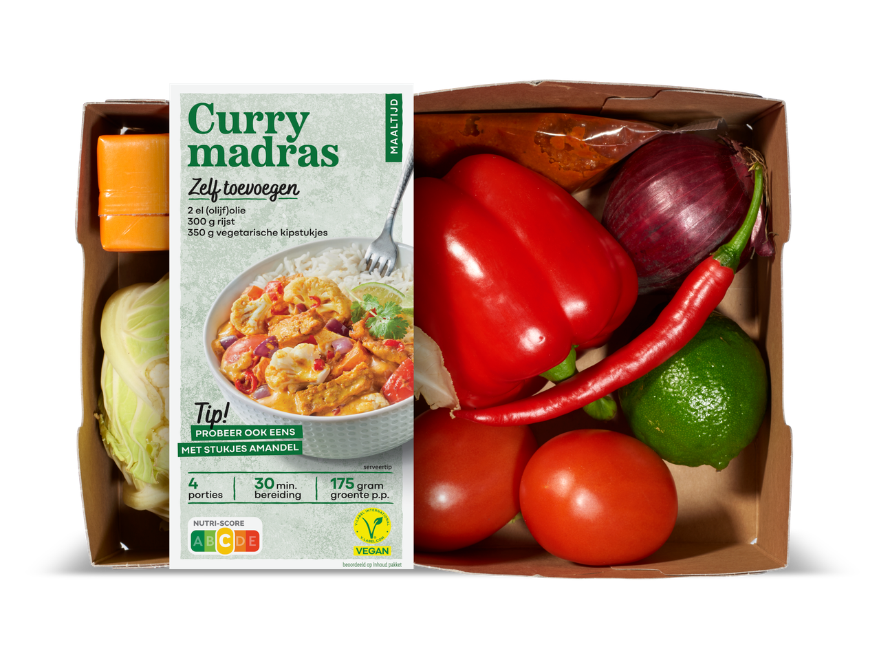 Vega curry madras maaltijdbox met rijst, groenten en vegetarische kipstukjes.