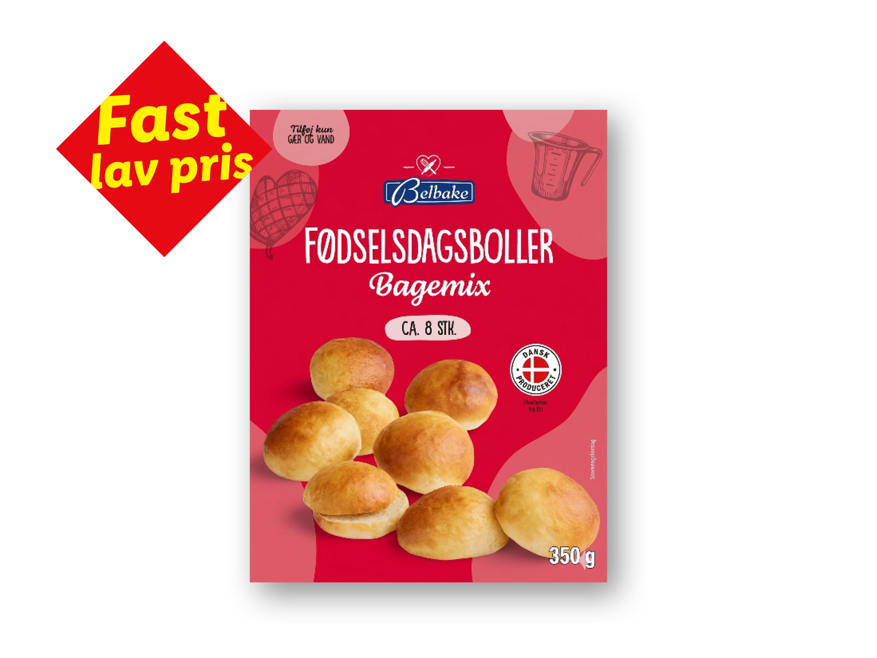 Rød pakke med fast lav pris-mærkat, der indeholder en bagemix til fødselsdagsboller, ca. 8 stk., 350g.