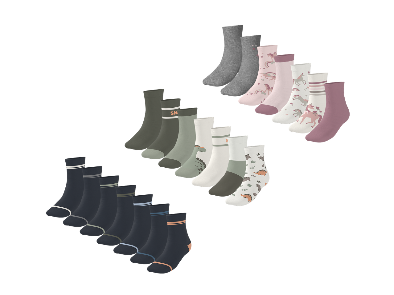 Setovi čarapa za djecu s uzorcima jednoroga, dinosaura i prugama.