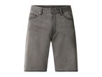 Grey denim shorts with front pockets and button closure.
