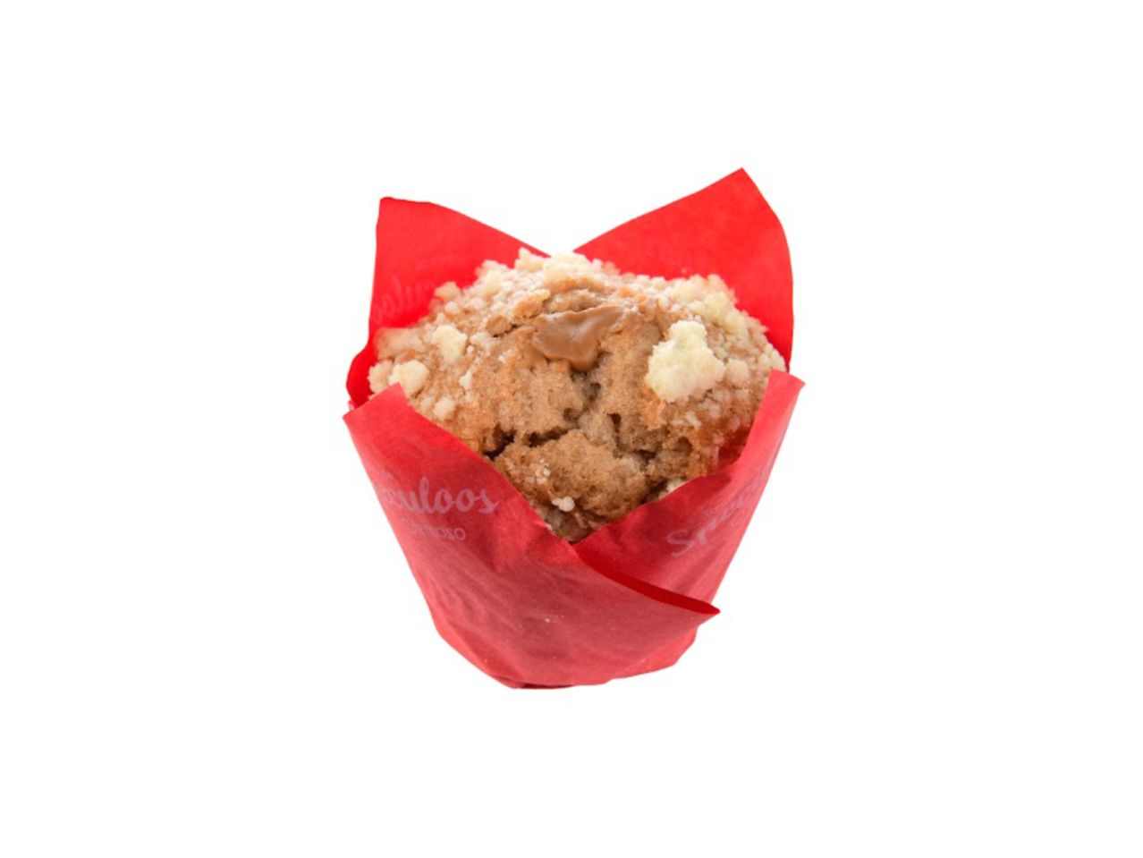 Muffin de caramelo com cobertura crocante em embalagem de papel vermelho.