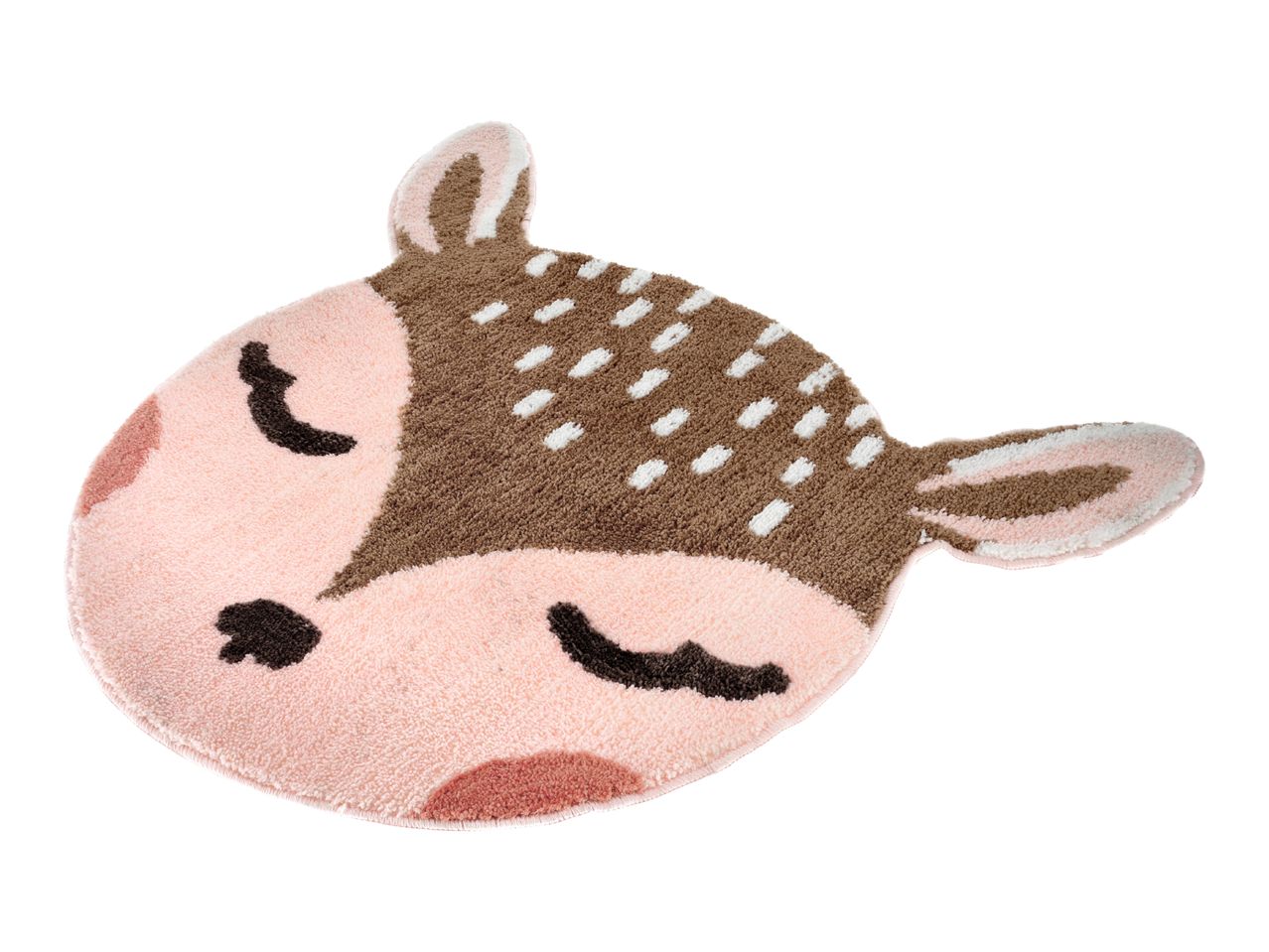 Pink and brown deer-shaped rug with white spots and closed eyes.