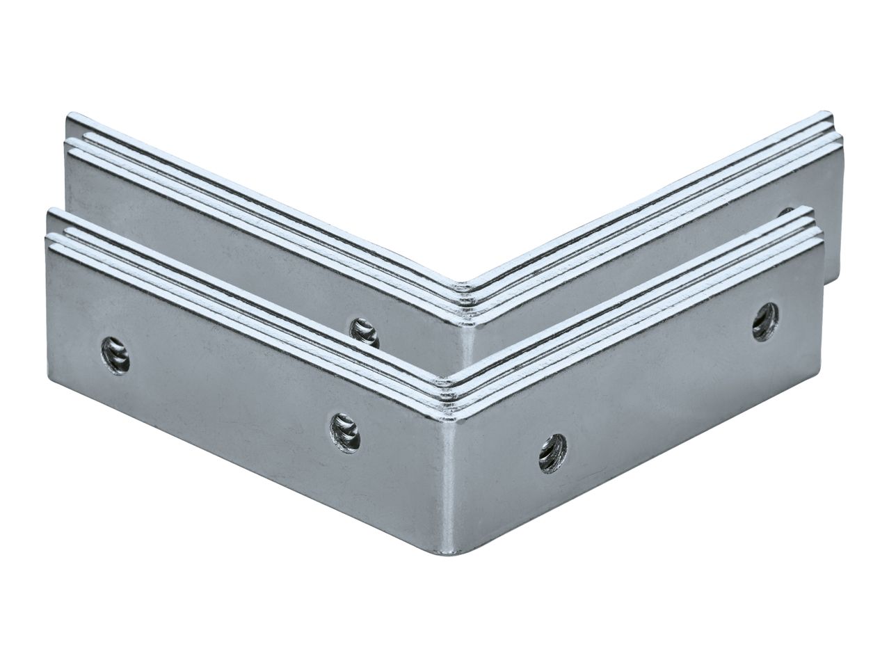 Two silver-colored metal corner brackets with screw holes