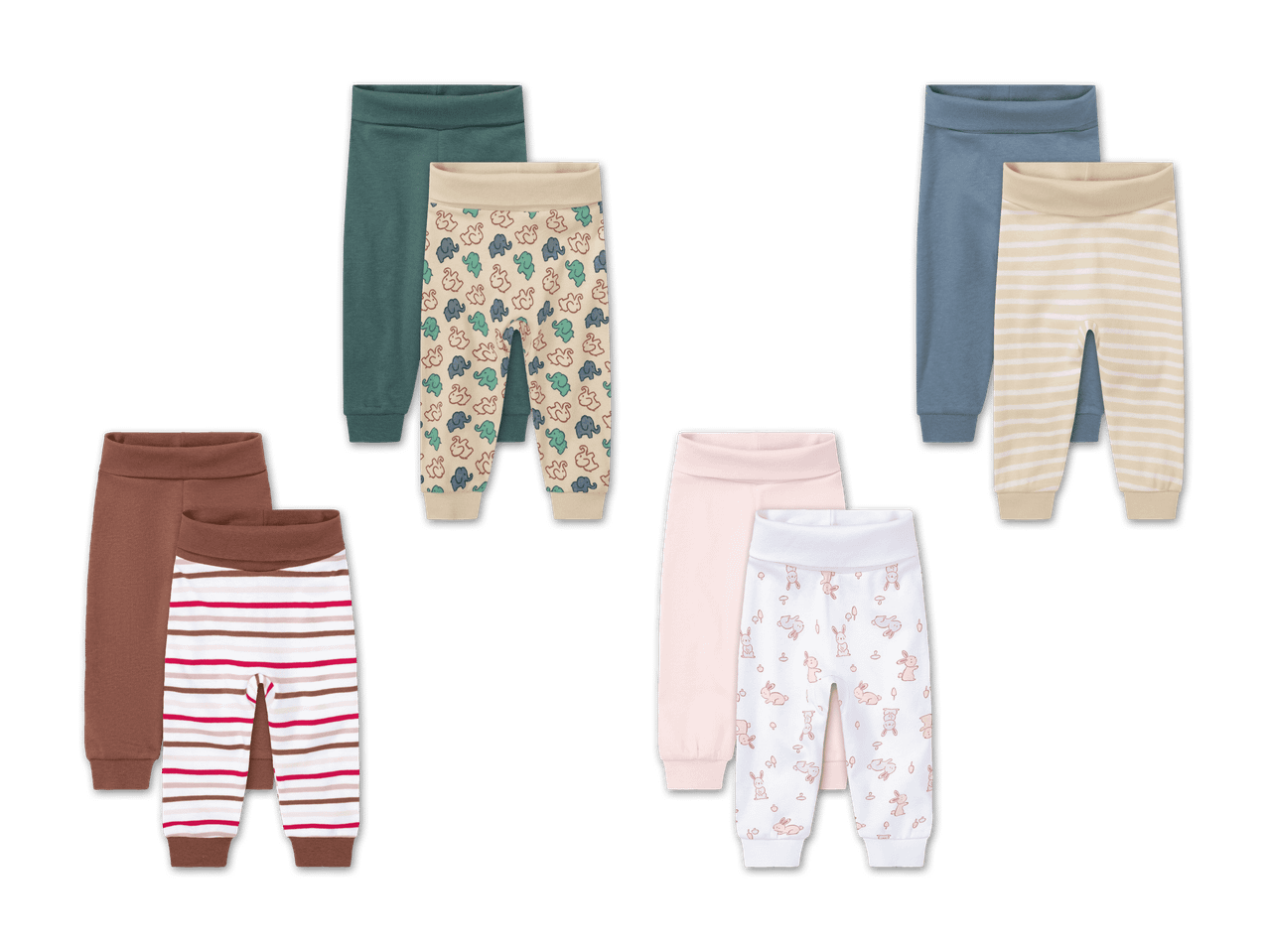 Mehrere Babyhosen in verschiedenen Farben und Mustern, darunter Elefanten, Streifen und Hasen.