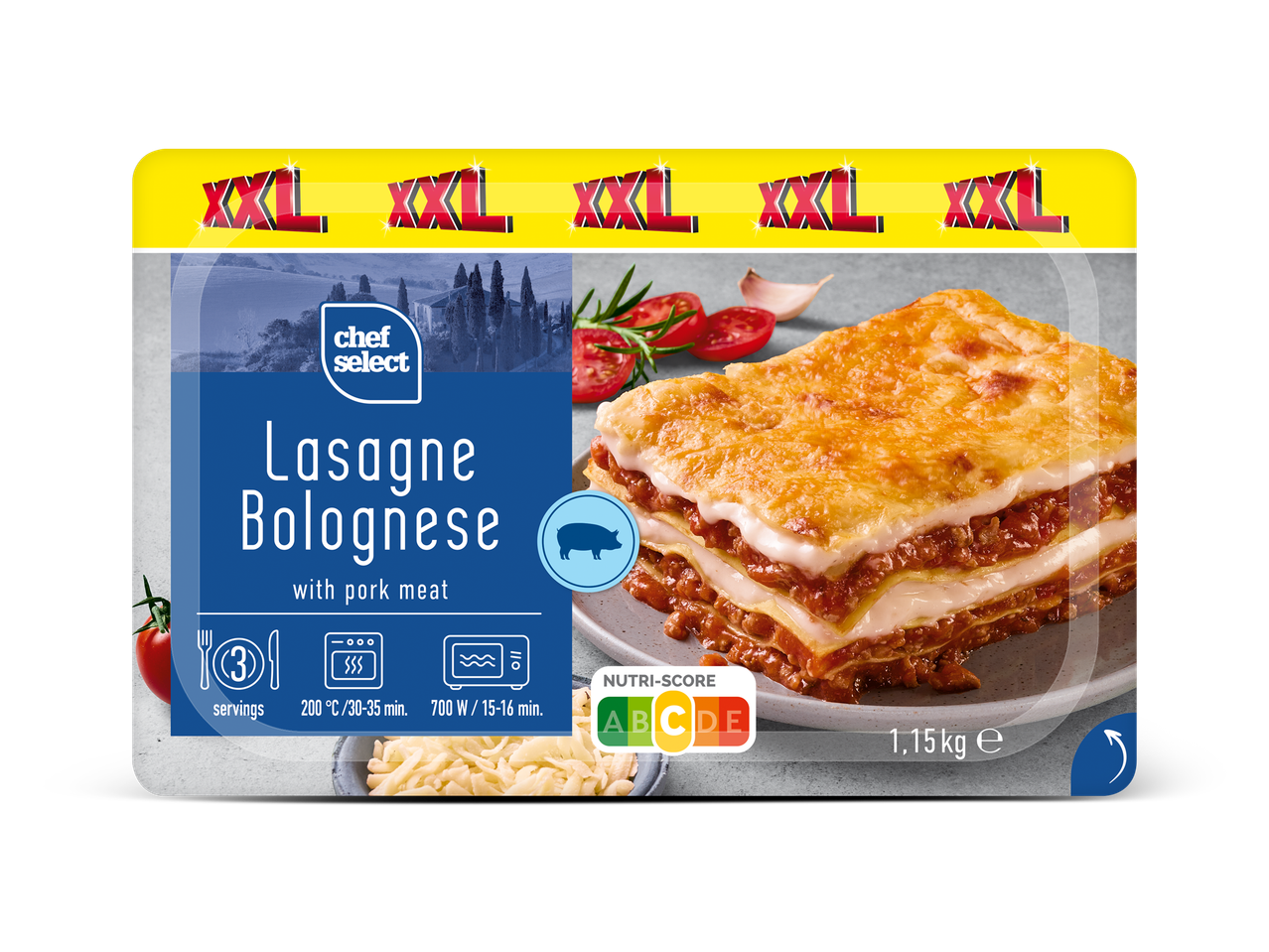 Een XXL-verpakking lasagne bolognese met varkensvlees van 1,15 kg.