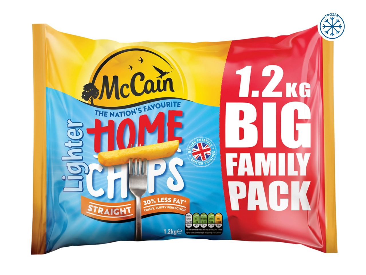 McCain Home Chips 1.2kg Big Family Pack: Lighter, Straight Cut, 30% less fat.
