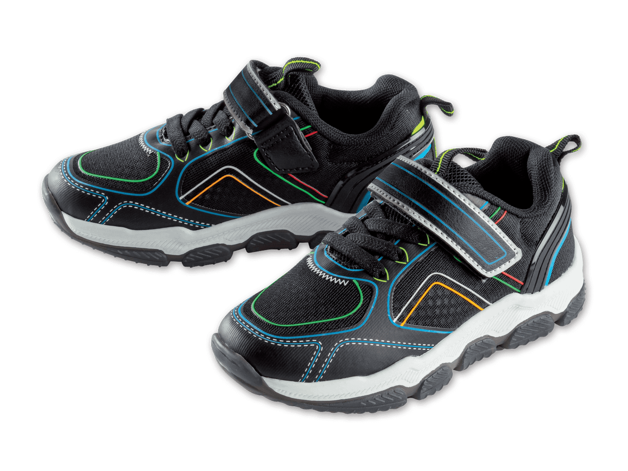 Ein Paar schwarze Kindersportschuhe mit bunten Akzenten