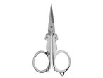 A pair of foldable metal scissors with pointed blades and finger loops.