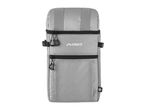 Grey insulated cooler bag with a geometric pattern and black zippers.