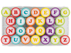 Комплект от 26 цветни кръгли магнита с буквите на английската азбука.