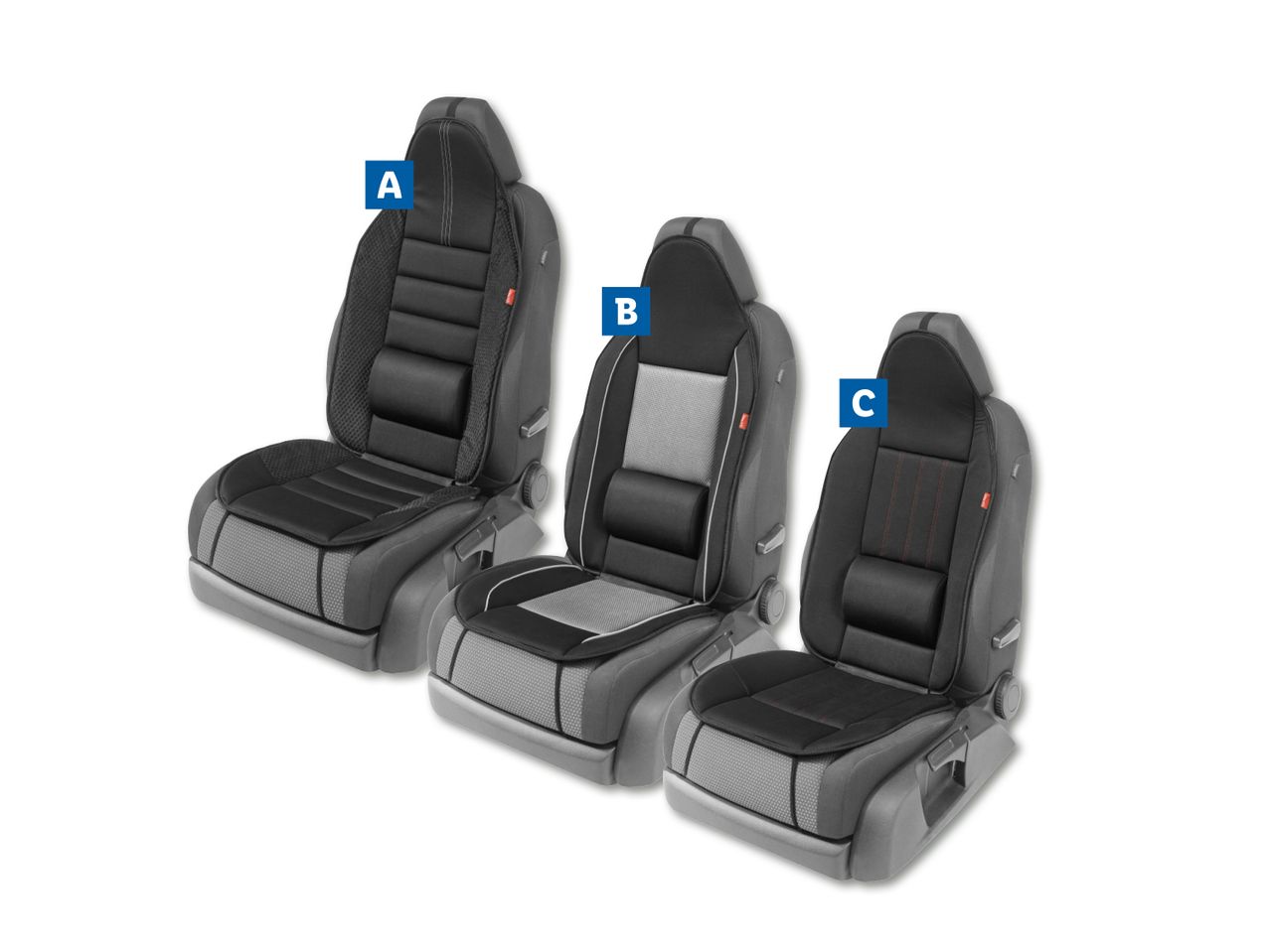 Trīs dažāda izmēra automašīnu sēdekļi.
