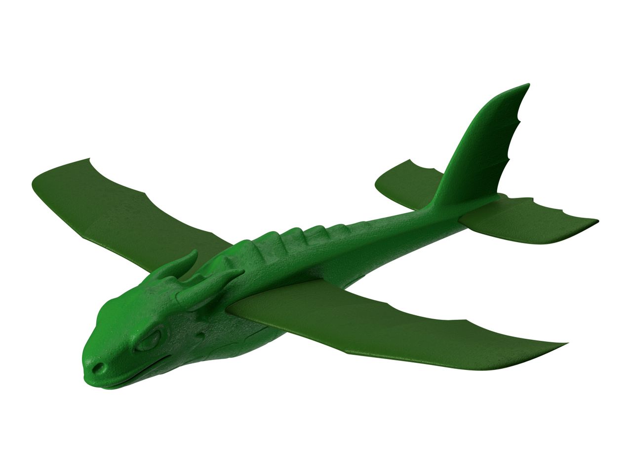 A green dragon-shaped foam airplane glider.