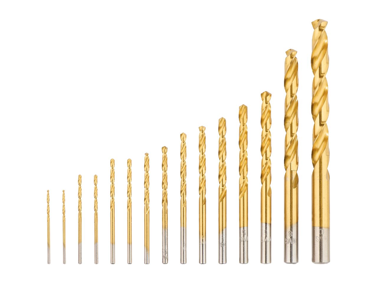 A set of 15 golden drill bits of varying sizes, arranged from smallest to largest.