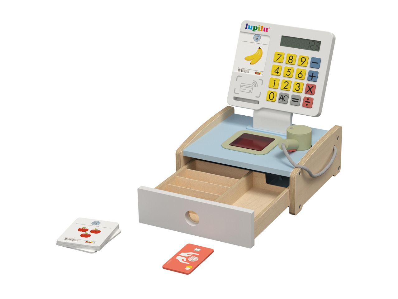 Wooden toy cash register with scanner, card reader, drawer, and play money cards.